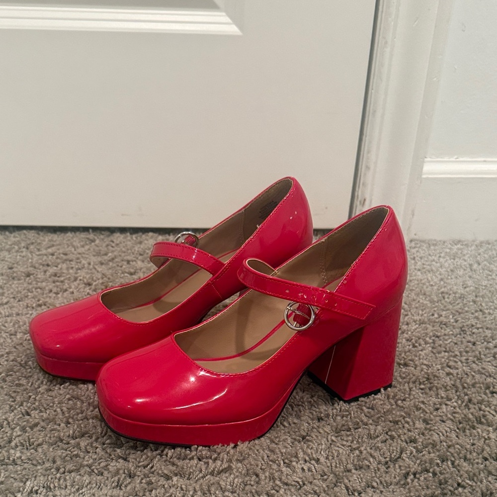 Macy's Glossy Pink Mary Jane Block Heel Pumps